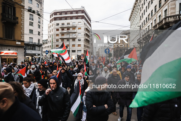 Demonstrators participate in a pro-Palestinian protest in Piazza Duomo in Milan, Italy, on November 23, 2024 