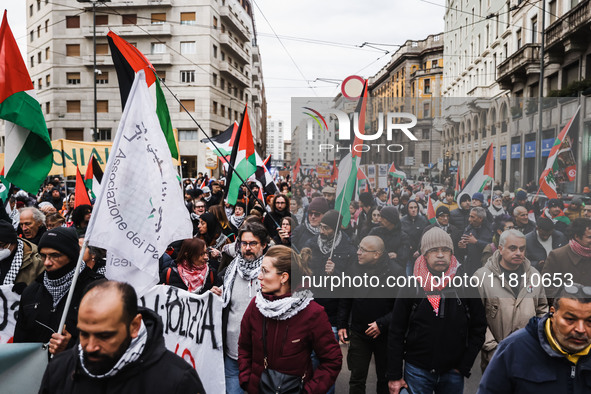 Demonstrators participate in a pro-Palestinian protest in Piazza Duomo in Milan, Italy, on November 23, 2024 