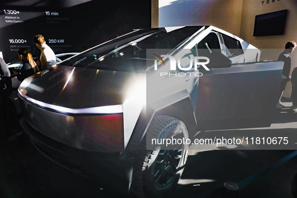 A general view of a Tesla Cybertruck car is on display during the Milano AutoClassica fair at Rho Fieramilano in Milan, Italy, on November 1...