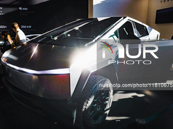 A general view of a Tesla Cybertruck car is on display during the Milano AutoClassica fair at Rho Fieramilano in Milan, Italy, on November 1...