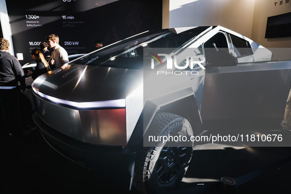 A general view of a Tesla Cybertruck car is on display during the Milano AutoClassica fair at Rho Fieramilano in Milan, Italy, on November 1...