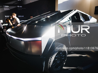 A general view of a Tesla Cybertruck car is on display during the Milano AutoClassica fair at Rho Fieramilano in Milan, Italy, on November 1...