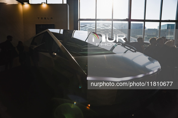 A general view of a Tesla Cybertruck car is on display during the Milano AutoClassica fair at Rho Fieramilano in Milan, Italy, on November 1...