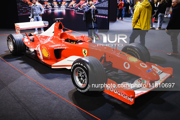 A general view of a Ferrari car is on display during the Milano AutoClassica fair at Rho Fieramilano in Milan, Italy, on November 17, 2024. 