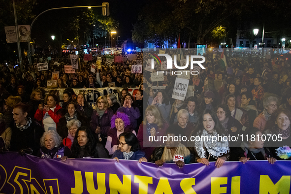 Thousands of people take to the streets of Madrid, Spain, on November 25, 2024, during the demonstration organized by the 8M Commission on t...