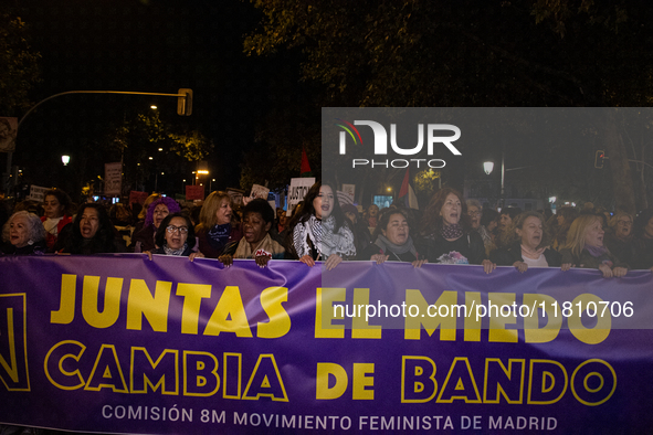 Thousands of people take to the streets of Madrid, Spain, on November 25, 2024, during the demonstration organized by the 8M Commission on t...