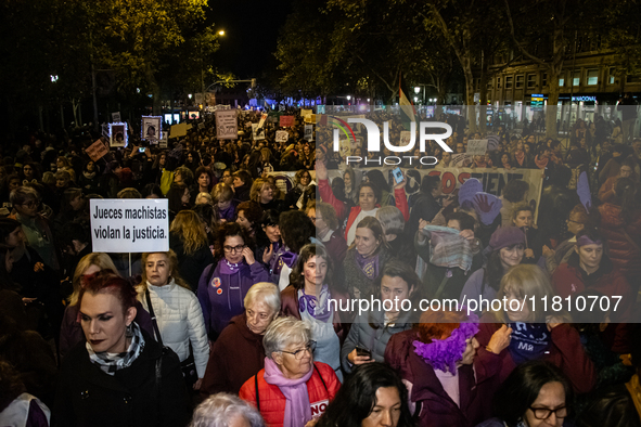 Thousands of people take to the streets of Madrid, Spain, on November 25, 2024, during the demonstration organized by the 8M Commission on t...