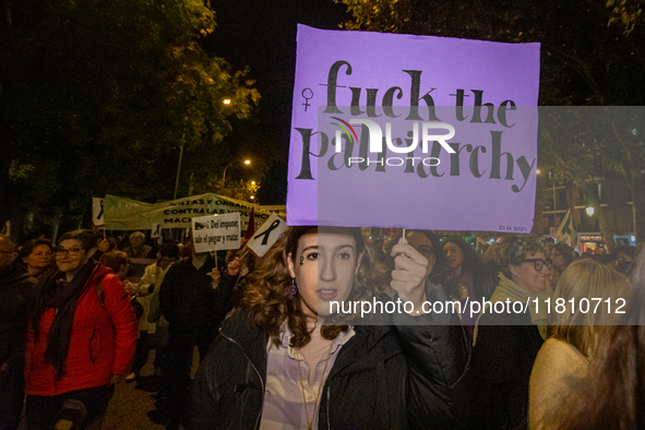 Thousands of people take to the streets of Madrid, Spain, on November 25, 2024, during the demonstration organized by the 8M Commission on t...