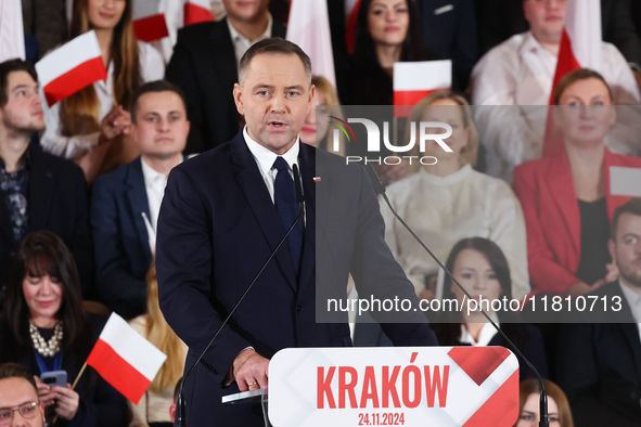 Karol Nawrocki during the convention in Krakow, Poland on November 24, 2024. The biggest Polish opposition party Law and Justice nominated K...