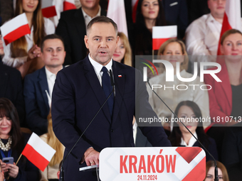 Karol Nawrocki during the convention in Krakow, Poland on November 24, 2024. The biggest Polish opposition party Law and Justice nominated K...