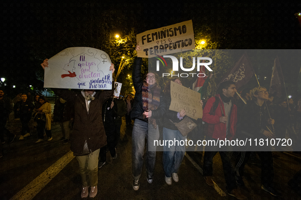 Thousands of people take to the streets of Madrid, Spain, on November 25, 2024, during the demonstration organized by the 8M Commission on t...