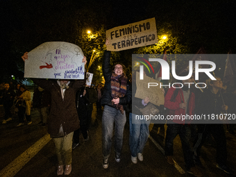 Thousands of people take to the streets of Madrid, Spain, on November 25, 2024, during the demonstration organized by the 8M Commission on t...