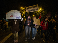 Thousands of people take to the streets of Madrid, Spain, on November 25, 2024, during the demonstration organized by the 8M Commission on t...