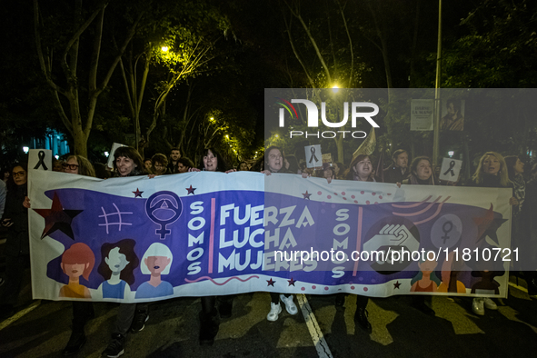 Thousands of people take to the streets of Madrid, Spain, on November 25, 2024, during the demonstration organized by the 8M Commission on t...