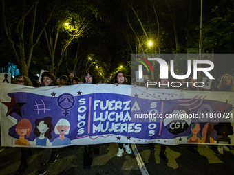 Thousands of people take to the streets of Madrid, Spain, on November 25, 2024, during the demonstration organized by the 8M Commission on t...