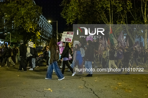 Thousands of people take to the streets of Madrid, Spain, on November 25, 2024, during the demonstration organized by the 8M Commission on t...