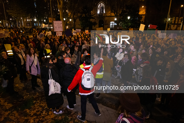 Thousands of people take to the streets of Madrid, Spain, on November 25, 2024, during the demonstration organized by the 8M Commission on t...