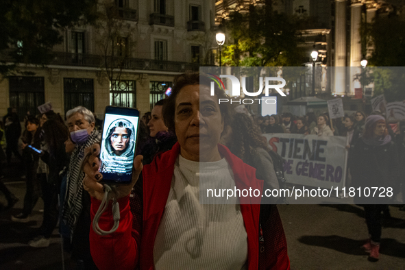 Thousands of people take to the streets of Madrid, Spain, on November 25, 2024, during the demonstration organized by the 8M Commission on t...