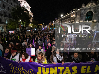 Thousands of people take to the streets of Madrid, Spain, on November 25, 2024, during the demonstration organized by the 8M Commission on t...