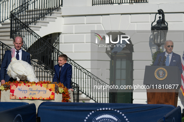 President Biden pardons a Thanksgiving turkey at a White House ceremony in Washington, D.C., United States, on November 25, 2024. 