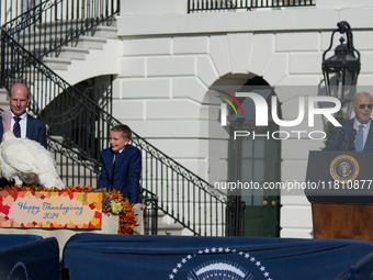 President Biden pardons a Thanksgiving turkey at a White House ceremony in Washington, D.C., United States, on November 25, 2024. (