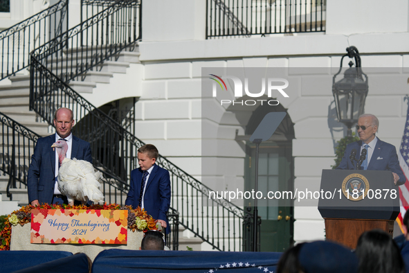 President Biden pardons a Thanksgiving turkey at a White House ceremony in Washington, D.C., United States, on November 25, 2024. 