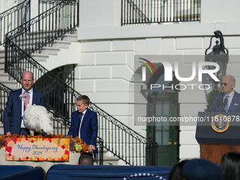 President Biden pardons a Thanksgiving turkey at a White House ceremony in Washington, D.C., United States, on November 25, 2024. (