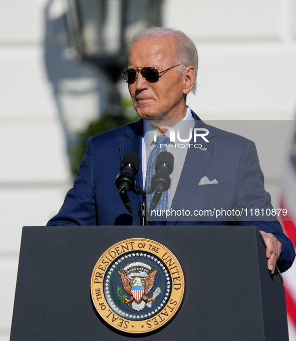 President Biden pardons a Thanksgiving turkey at a White House ceremony in Washington, D.C., United States, on November 25, 2024. 