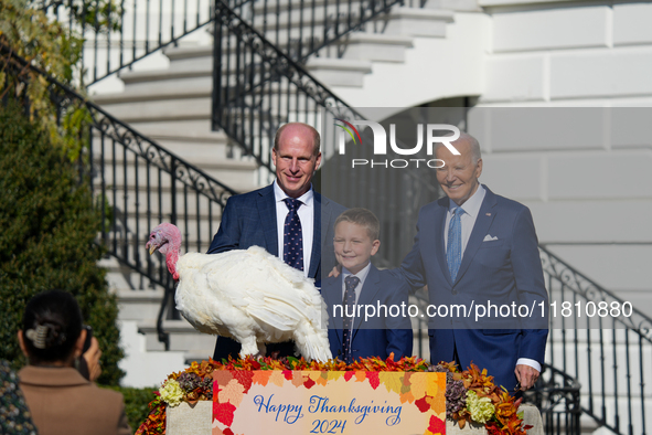 President Biden pardons a Thanksgiving turkey at a White House ceremony in Washington, D.C., United States, on November 25, 2024. 