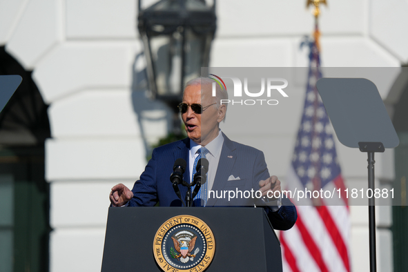 President Biden pardons a Thanksgiving turkey at a White House ceremony in Washington, D.C., United States, on November 25, 2024. 