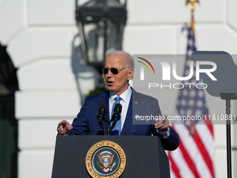 President Biden pardons a Thanksgiving turkey at a White House ceremony in Washington, D.C., United States, on November 25, 2024. (