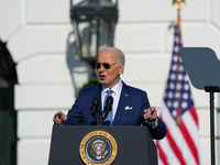 President Biden pardons a Thanksgiving turkey at a White House ceremony in Washington, D.C., United States, on November 25, 2024. (