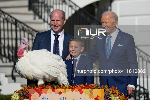 President Biden pardons a Thanksgiving turkey at a White House ceremony in Washington, D.C., United States, on November 25, 2024. 