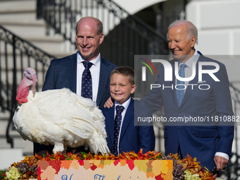 President Biden pardons a Thanksgiving turkey at a White House ceremony in Washington, D.C., United States, on November 25, 2024. (