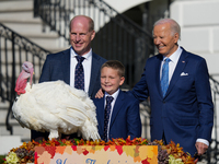 President Biden pardons a Thanksgiving turkey at a White House ceremony in Washington, D.C., United States, on November 25, 2024. (