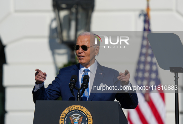 President Biden pardons a Thanksgiving turkey at a White House ceremony in Washington, D.C., United States, on November 25, 2024. 