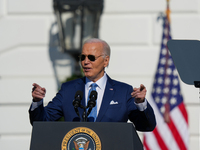 President Biden pardons a Thanksgiving turkey at a White House ceremony in Washington, D.C., United States, on November 25, 2024. (