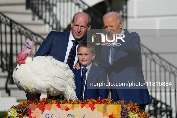 President Biden pardons a Thanksgiving turkey at a White House ceremony in Washington, D.C., United States, on November 25, 2024. 