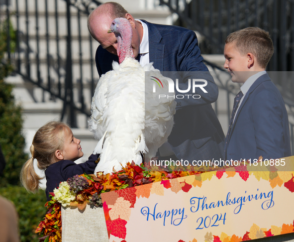 President Biden pardons a Thanksgiving turkey at a White House ceremony in Washington, D.C., United States, on November 25, 2024. 