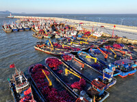 Fishing boats berth in the harbor to take shelter from the cold wave and wind at the central fishing port of Liandao in Lianyungang, Jiangsu...