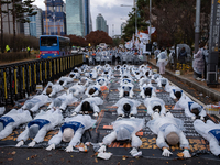 Members of the Korea Parents' Network for People with Disabilities perform the symbolic 'five-body prostration' protest in front of the Nati...