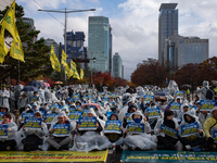 Hundreds of participants gather in front of the National Assembly in Yeouido, in Seoul, South Korea, on November 26, 2024, to demand increas...