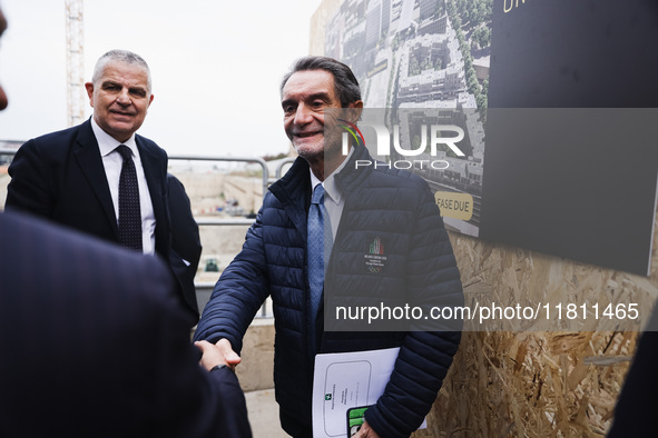 Attilio Fontana attends the press conference to present the first private construction site in the former Falck Union Zero area in Sesto San...