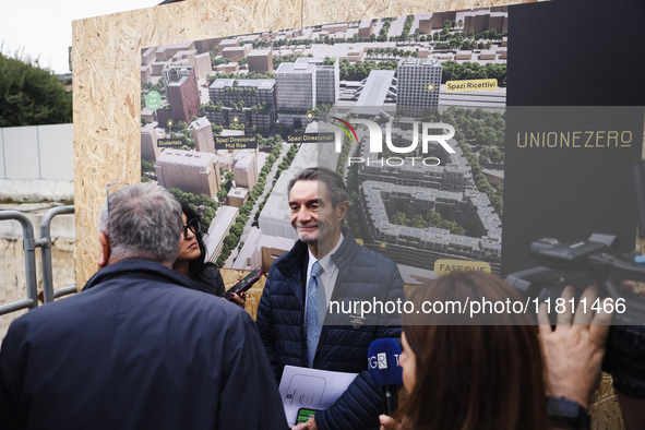 Attilio Fontana attends the press conference to present the first private construction site in the former Falck Union Zero area in Sesto San...