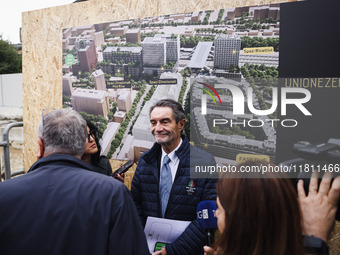 Attilio Fontana attends the press conference to present the first private construction site in the former Falck Union Zero area in Sesto San...