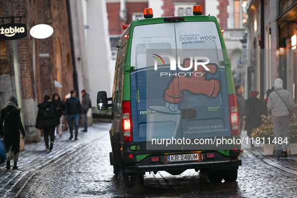 KRAKOW, POLAND - NOVEMBER 21:   
A van from the Municipal Waterworks spotted in Krakow's historic Old Town, on November 21, 2024 in Krakow,...