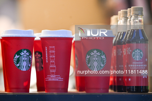 KRAKOW, POLAND - NOVEMBER 21:   
The Starbucks Coffee logo is seen on cups at a cafe in Krakow's Old Town, on November 21, 2024 in Krakow, P...