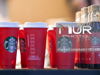 KRAKOW, POLAND - NOVEMBER 21:   
The Starbucks Coffee logo is seen on cups at a cafe in Krakow's Old Town, on November 21, 2024 in Krakow, P...