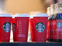 KRAKOW, POLAND - NOVEMBER 21:   
The Starbucks Coffee logo is seen on cups at a cafe in Krakow's Old Town, on November 21, 2024 in Krakow, P...