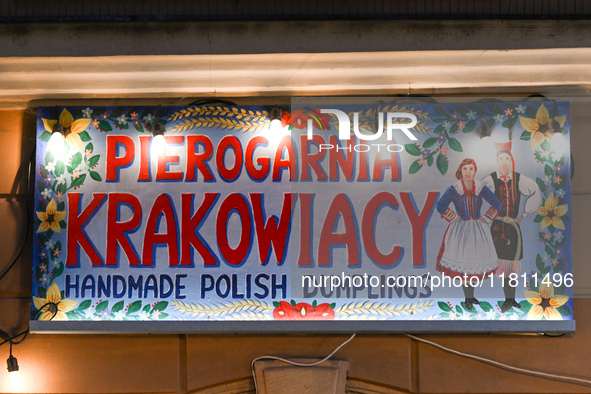 KRAKOW, POLAND - NOVEMBER 21:   
A sign at the entrance to Pierogarnia 'Krakowiacy,' specializing in traditional Polish handmade dumplings,...